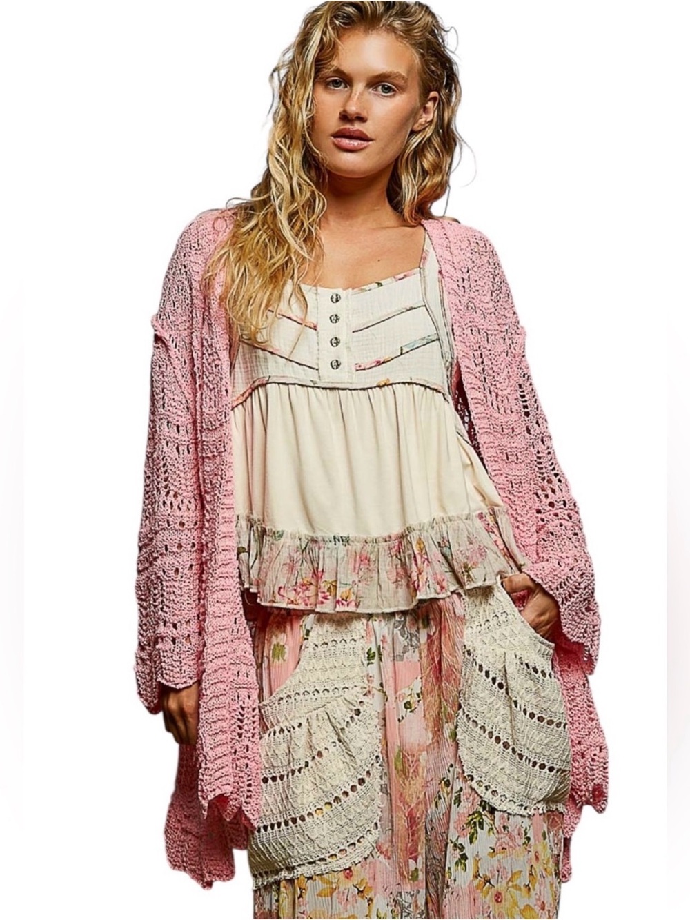 POL Crochet Long Bell Sleeve Cardigan🌷 Pink, Black, and Green